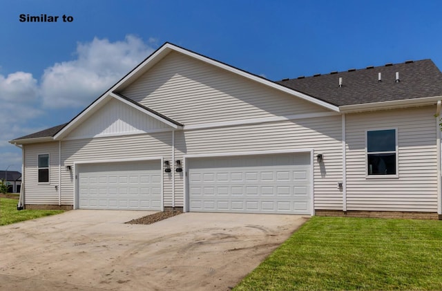 view of home's exterior featuring a garage, driveway, a yard, and a shingled roof