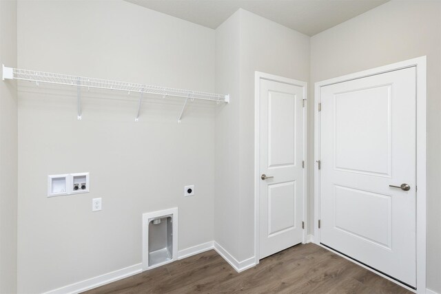 laundry area with hookup for an electric dryer, baseboards, washer hookup, wood finished floors, and laundry area