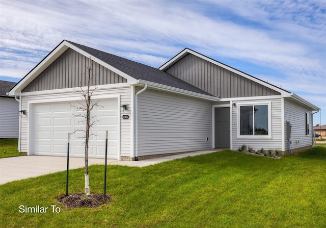 ranch-style home featuring a garage, roof with shingles, board and batten siding, and a front lawn