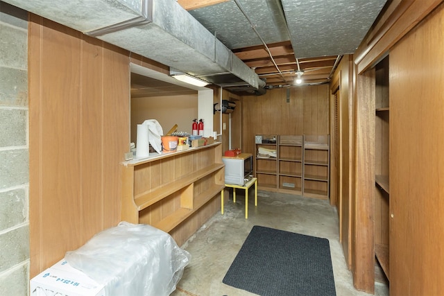 basement featuring wooden walls