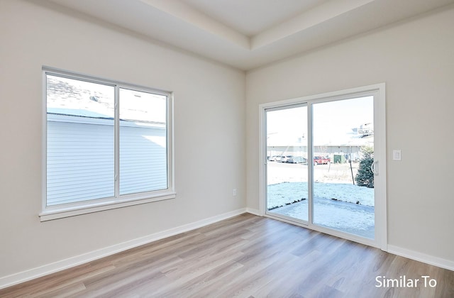 empty room featuring light wood-type flooring, a wealth of natural light, a raised ceiling, and baseboards