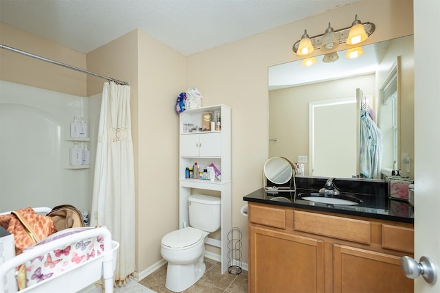 bathroom featuring a shower with shower curtain, vanity, toilet, and tile patterned flooring