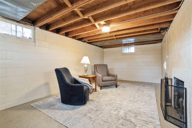 basement with a fireplace