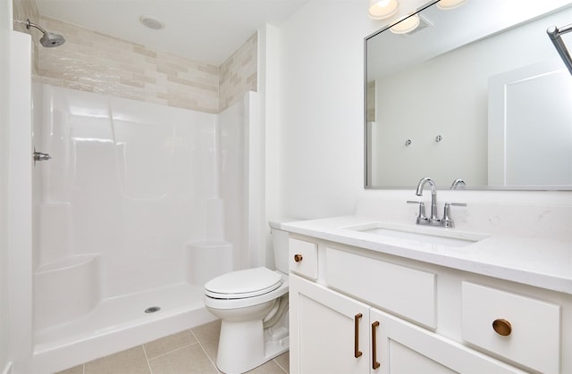 bathroom with visible vents, a shower, toilet, tile patterned floors, and vanity