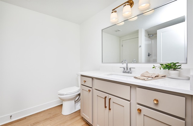 full bathroom with toilet, wood finished floors, visible vents, vanity, and a shower