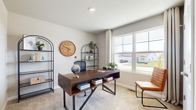 office space with light carpet and a textured ceiling