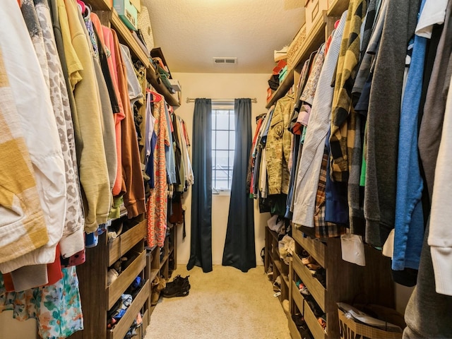 walk in closet featuring light carpet