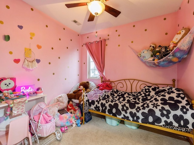 carpeted bedroom featuring ceiling fan