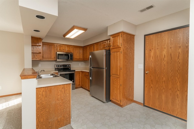 kitchen with kitchen peninsula, appliances with stainless steel finishes, and sink