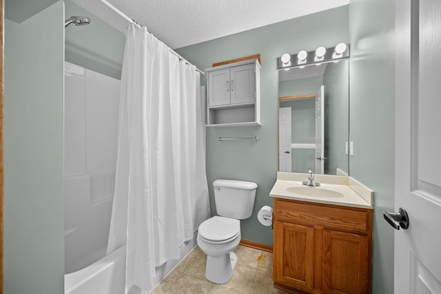 full bathroom featuring shower / tub combo, vanity, a textured ceiling, tile patterned floors, and toilet