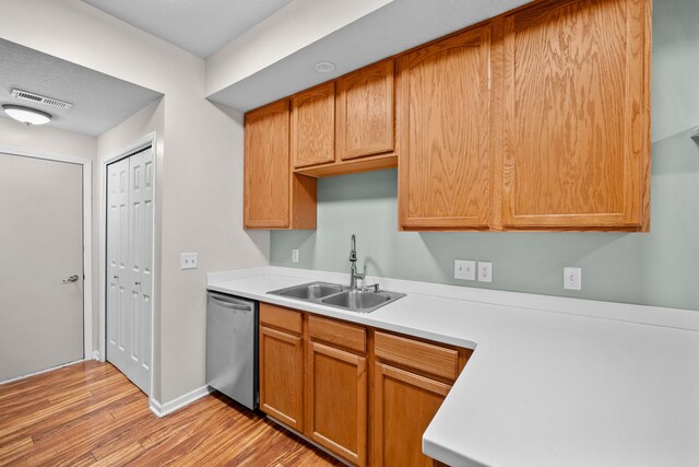 kitchen with sink, light hardwood / wood-style flooring, and dishwasher