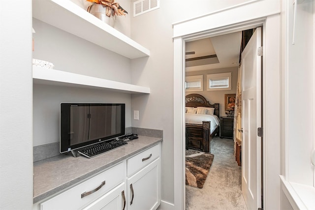 interior space with white cabinets and light colored carpet