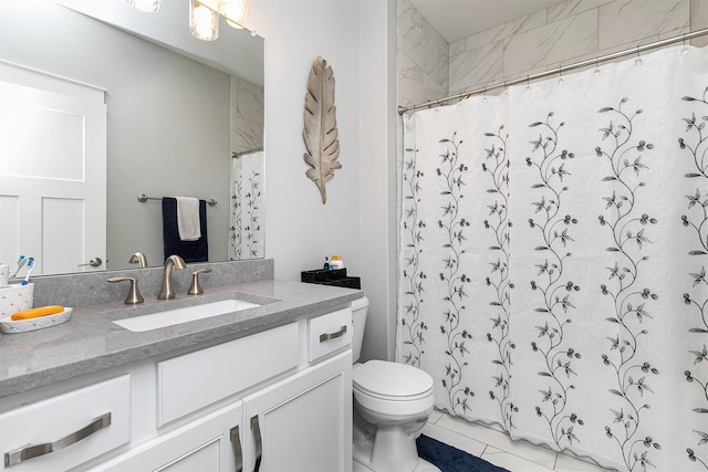 bathroom with curtained shower, tile patterned flooring, vanity, and toilet