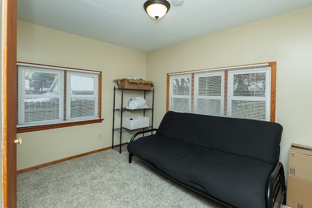 living area featuring light carpet