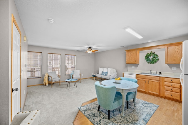 kitchen featuring light countertops, light wood-style flooring, open floor plan, a sink, and baseboards