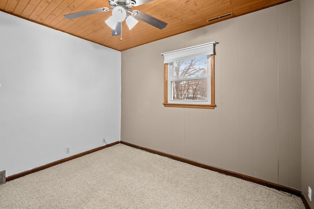 spare room with ceiling fan, carpet floors, and wooden ceiling