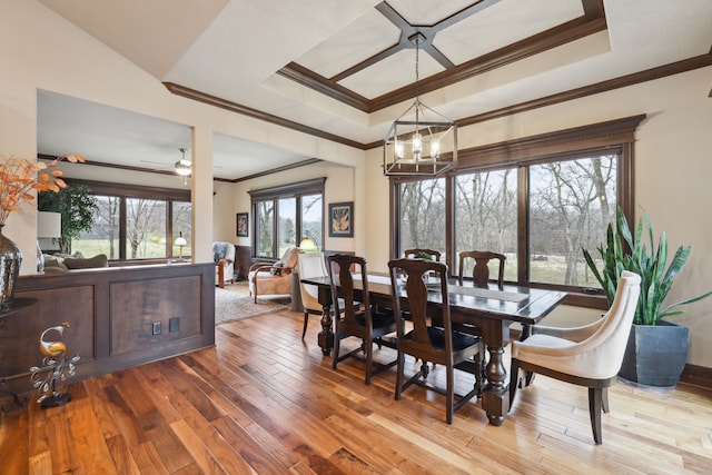 dining space with ceiling fan with notable chandelier, a raised ceiling, wood-type flooring, and a wealth of natural light