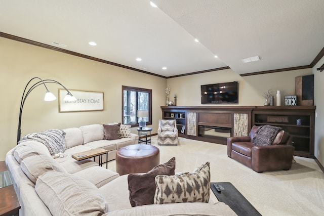 living room featuring carpet floors, a fireplace, and ornamental molding