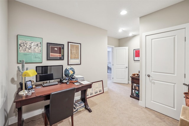 home office with light carpet, baseboards, and recessed lighting