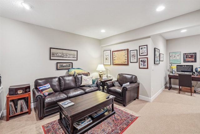 living area featuring light carpet, baseboards, and recessed lighting