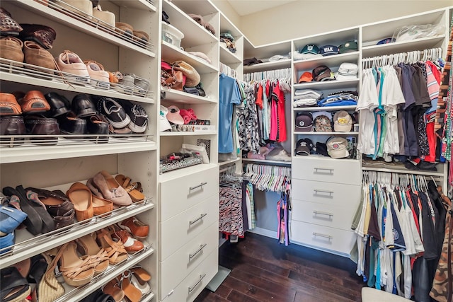 spacious closet with dark wood-style flooring