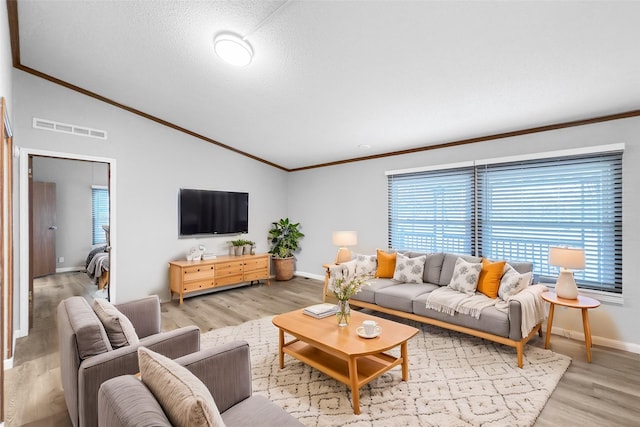 living room featuring hardwood / wood-style flooring, a textured ceiling, and lofted ceiling