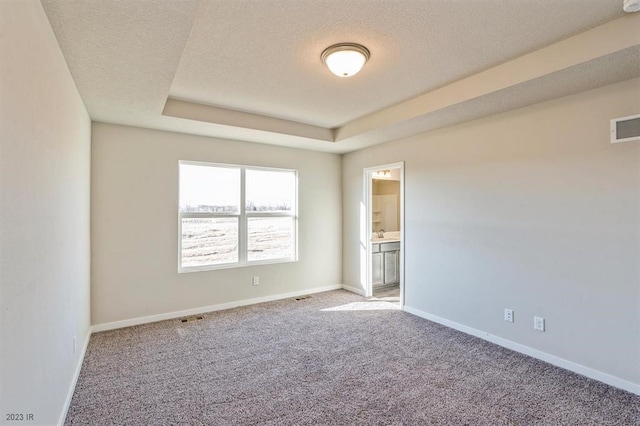 carpeted empty room with a raised ceiling and a textured ceiling