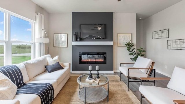 living room featuring a fireplace, wood finished floors, and baseboards