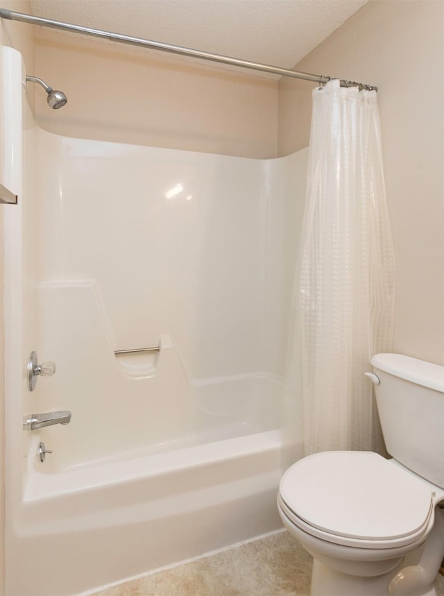 bathroom with shower / bathtub combination with curtain and toilet