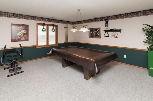 game room featuring carpet flooring, a textured ceiling, and pool table