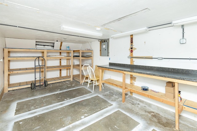 basement with a workshop area and electric panel