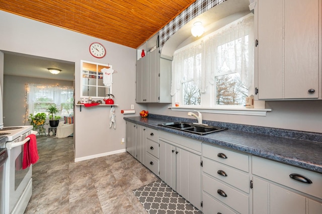 kitchen featuring sink, white cabinetry, white electric range oven, and wood ceiling