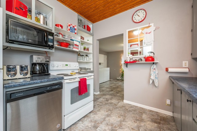 kitchen with stainless steel dishwasher, washing machine and dryer, electric stove, and wooden ceiling