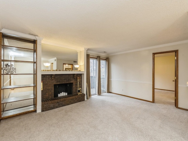 unfurnished living room with a textured ceiling, crown molding, light carpet, and a brick fireplace