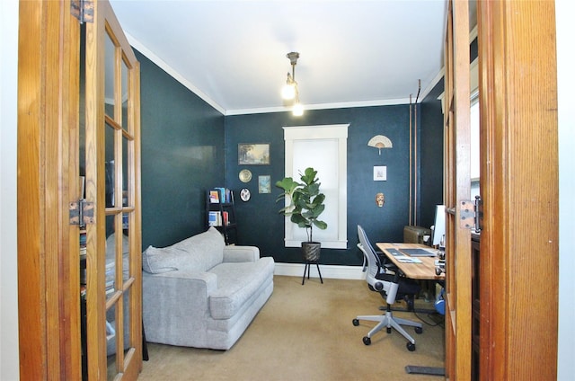 office featuring carpet flooring and ornamental molding