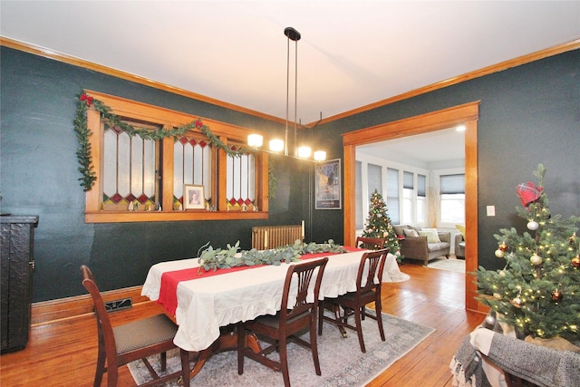 dining space with hardwood / wood-style flooring, radiator, and crown molding