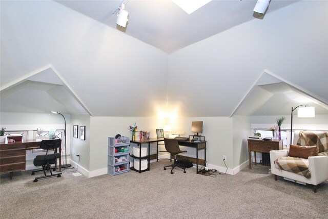 office featuring carpet flooring and vaulted ceiling