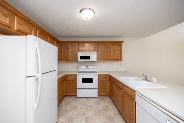 kitchen with light countertops, white appliances, brown cabinetry, and a sink