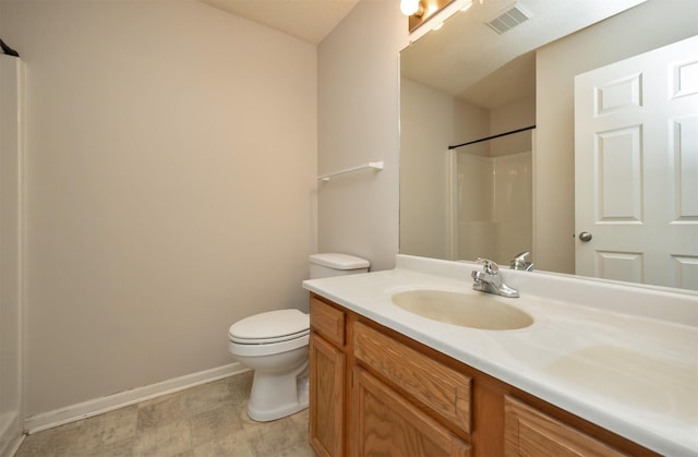 bathroom featuring baseboards, visible vents, a shower, toilet, and vanity