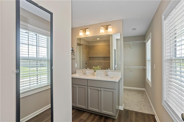 bathroom featuring plenty of natural light, vanity, and wood-type flooring