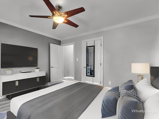 bedroom featuring ceiling fan and ornamental molding