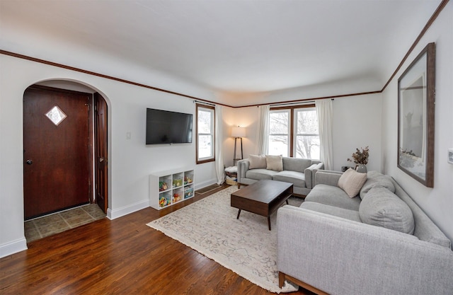 living room with dark hardwood / wood-style flooring