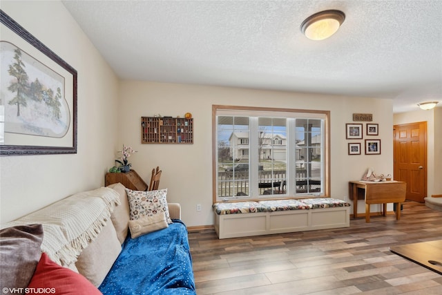 living room featuring hardwood / wood-style floors and a textured ceiling