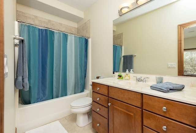 full bathroom with tile patterned floors, vanity, toilet, and shower / tub combo with curtain