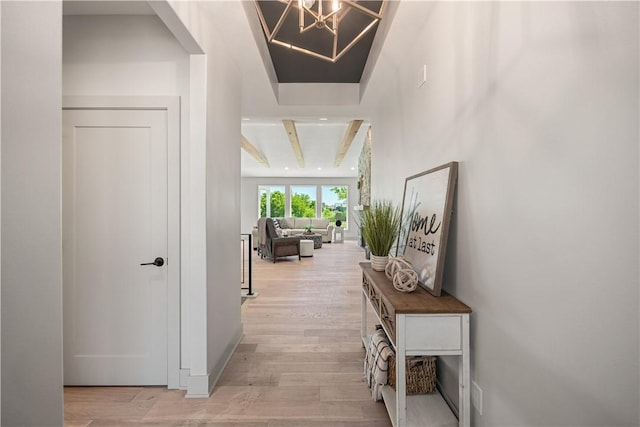 hall with beam ceiling and light wood-type flooring