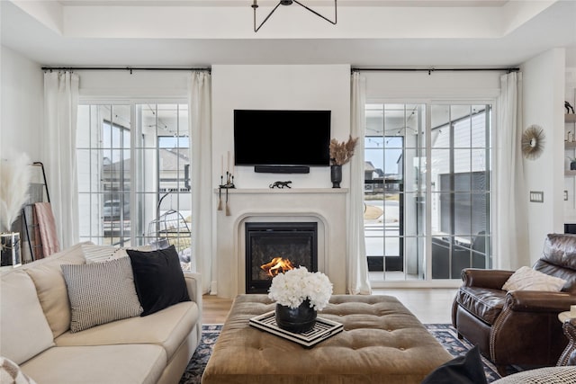 living room featuring a chandelier, hardwood / wood-style flooring, and a tray ceiling