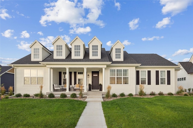 cape cod home featuring a porch and a front yard