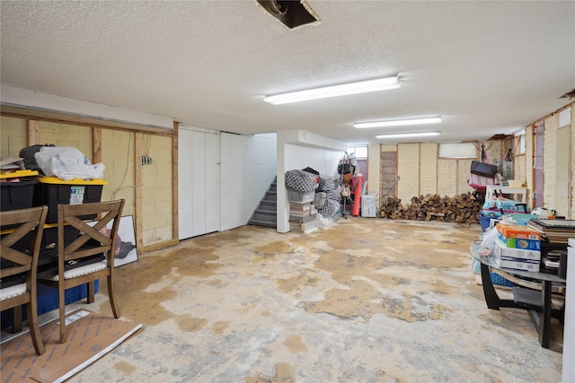 basement with a textured ceiling