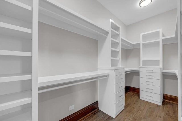 walk in closet with light hardwood / wood-style flooring