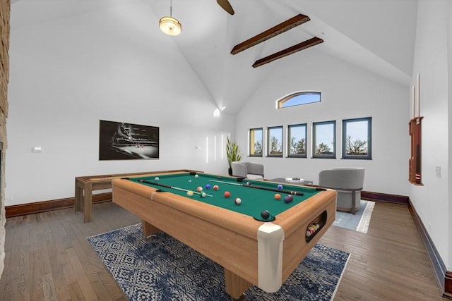 playroom with beamed ceiling, wood-type flooring, high vaulted ceiling, and billiards